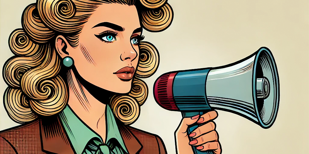 AI generated image of blaming women for men's actions featuring a woman with a microphone