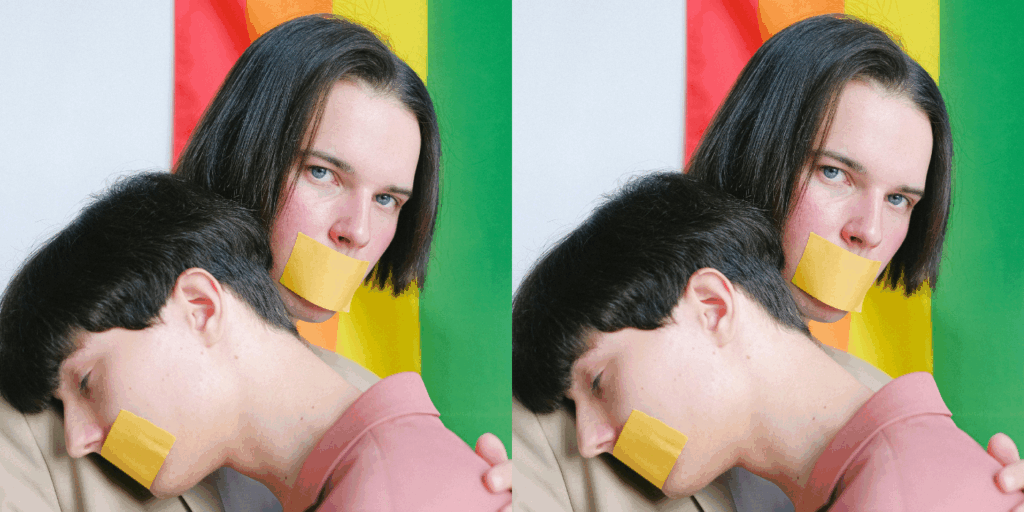 Image of two men with taped mouths in front of a pride flag used to represent corporate silence