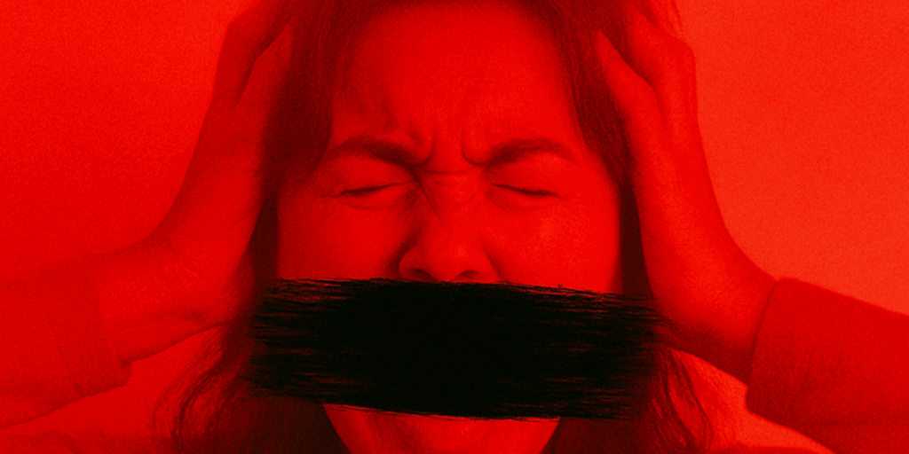AI image showing corporate silence; a woman screams with a bar over her mouth