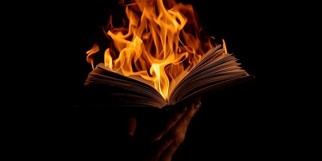 an AI image of a burning book being held up in the dark