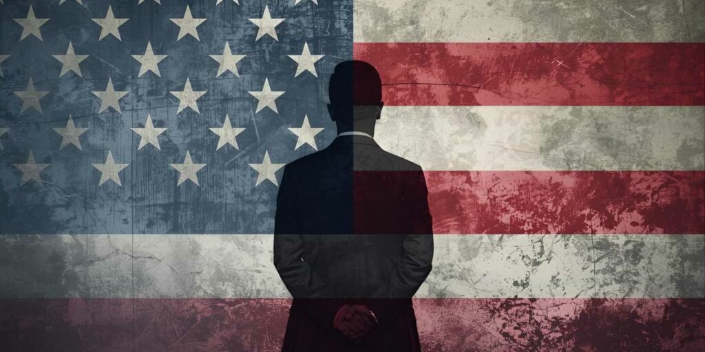 AI image of a man standing in front of a US flag depicting eroding American rights