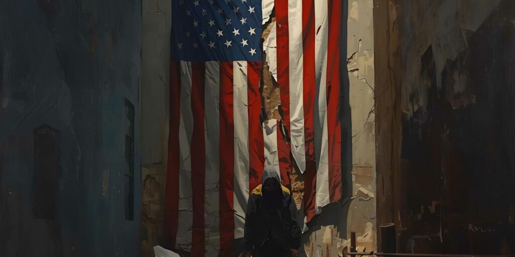 AI image of a man standing in front of a US flag used to show free speech in question