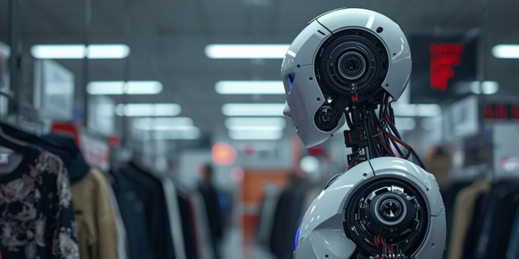 AI-generated image of a robot in a shopping mall representing AI in everyday life