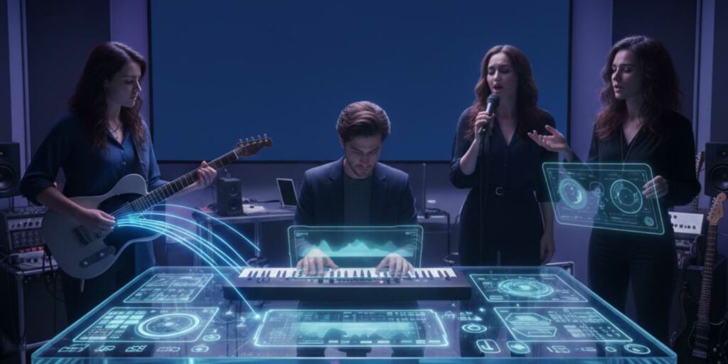 AI-generated image of people using futuristic instruments to represent AI in everyday life